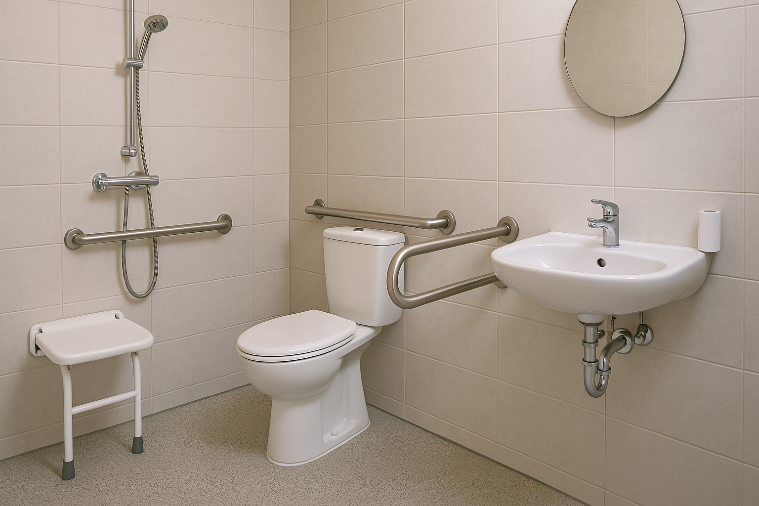 Handicap bathroom remodeling project with roll-in shower and grab bars