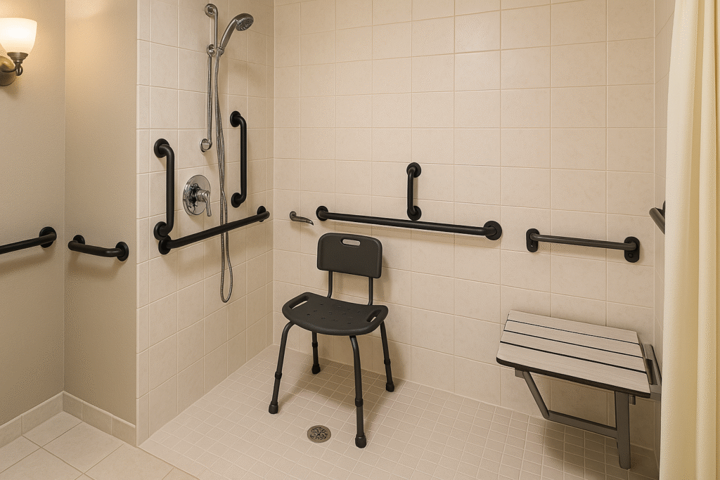 handicap bathroom modifications with grab bars and accessible shower