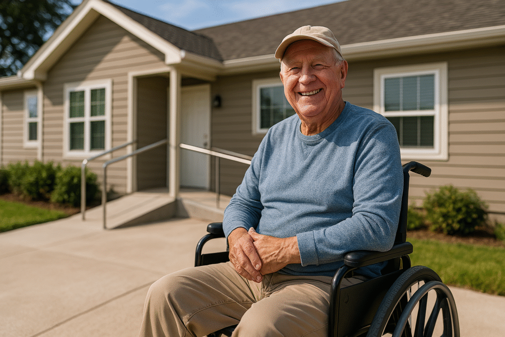 wheelchair accessible entrance with ramp and wide doorway
