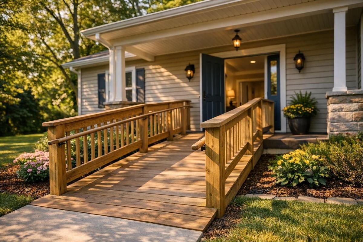 Wheelchair ramp and widened entrance at an accessible suburban home