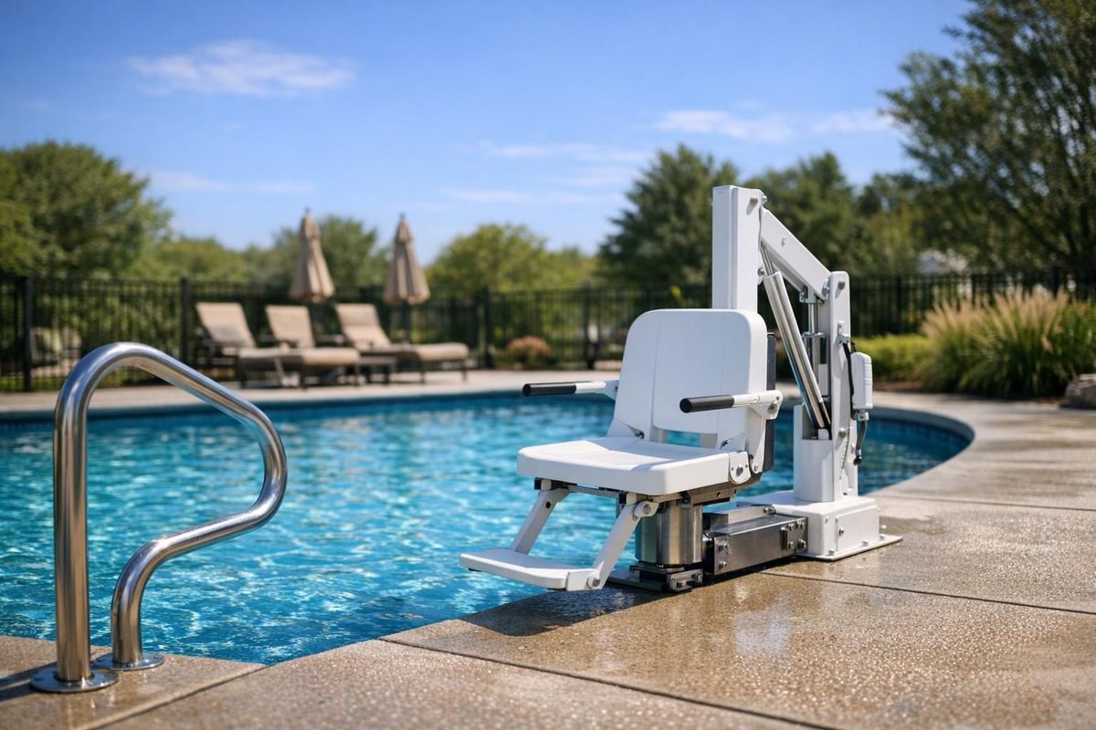 Hydraulic pool lift installed at a residential swimming pool for handicap accessibility