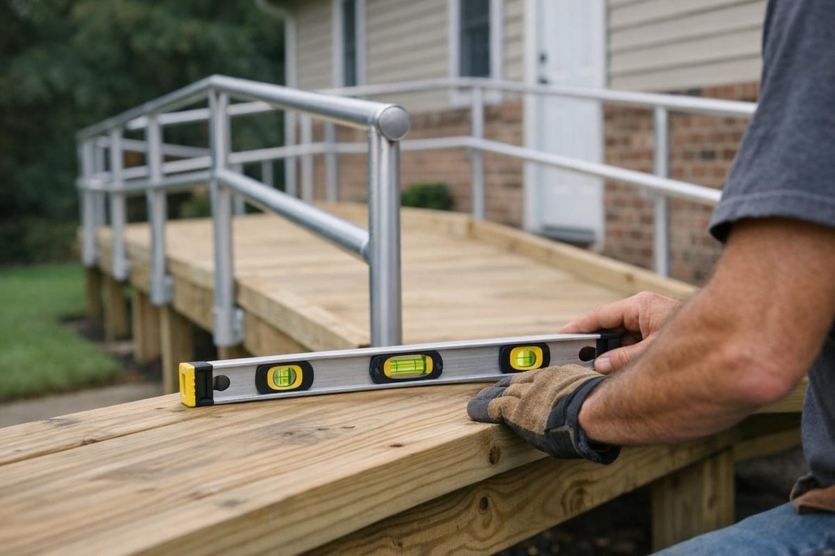 Contractor measuring the maximum slope of a handicap ramp with a level tool