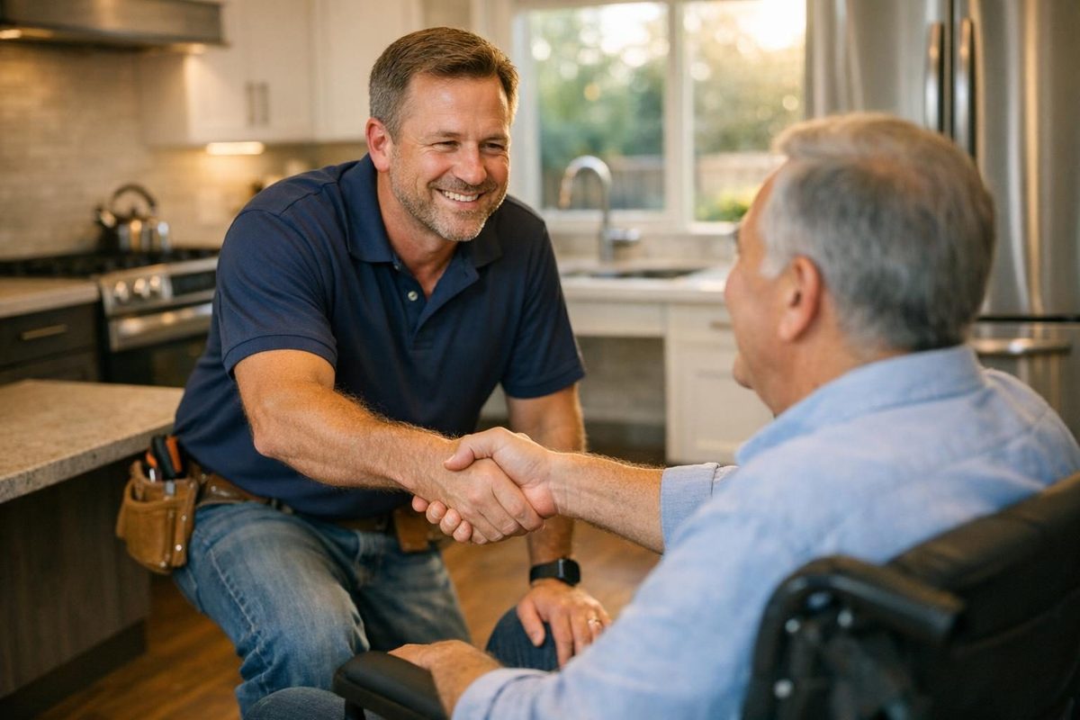 Remodeling contractor greeting a homeowner in a newly accessible kitchen
