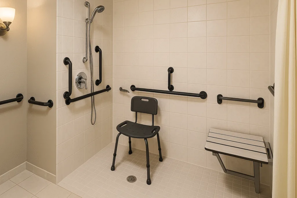handicap bathroom modifications with grab bars and accessible shower