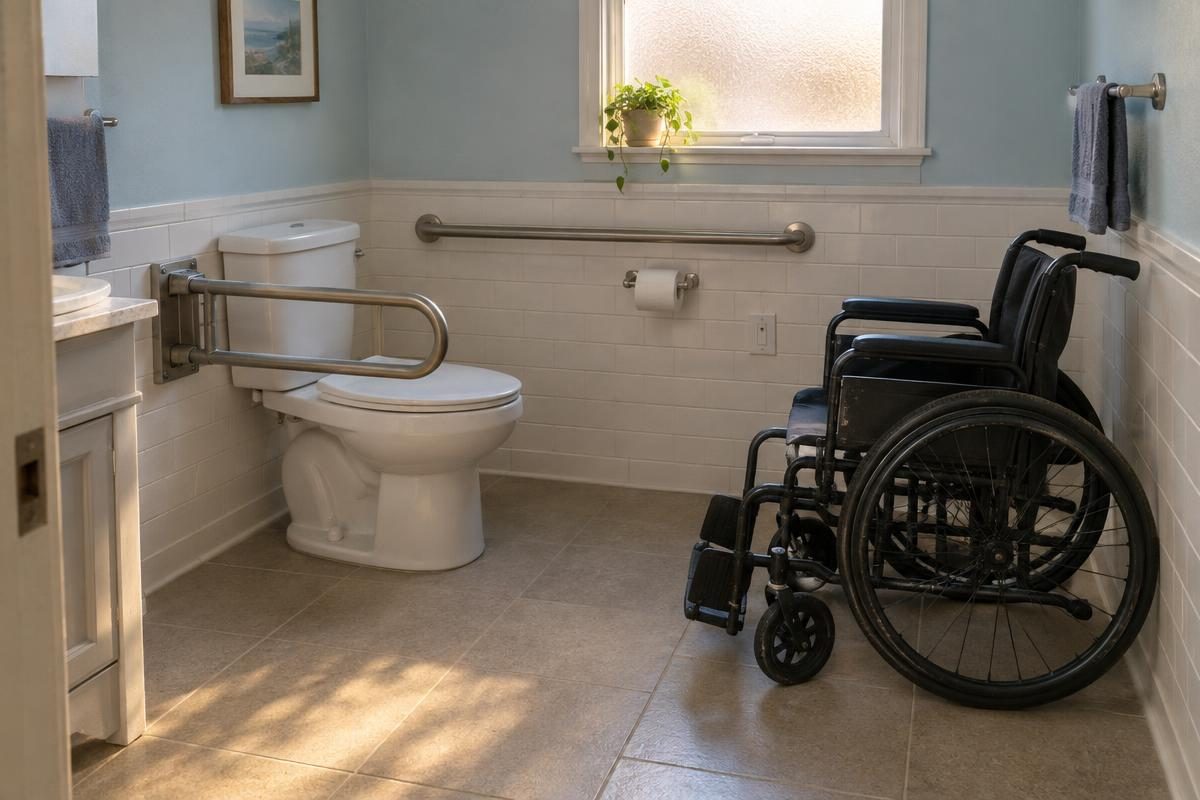 Comfort-height toilet with fold-down and wall grab bars and a wheelchair parked for a side transfer