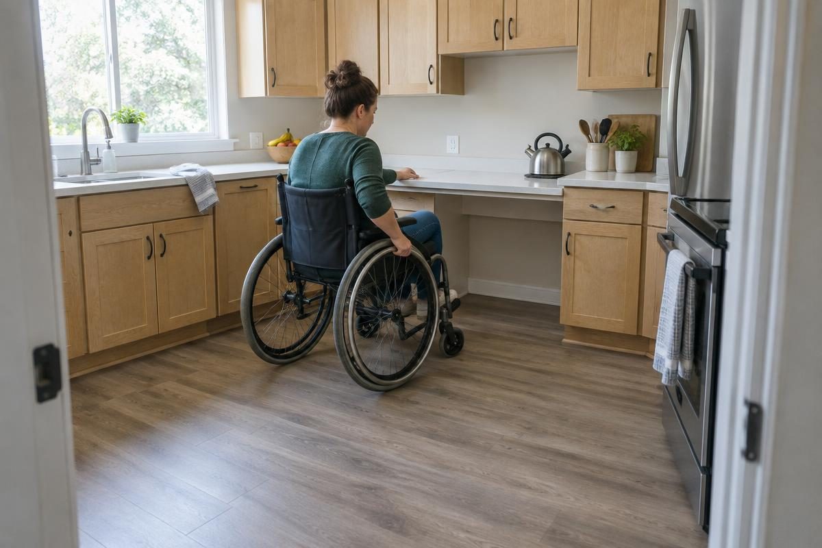 Wheelchair user turning in an open accessible kitchen beside a lowered counter with knee space