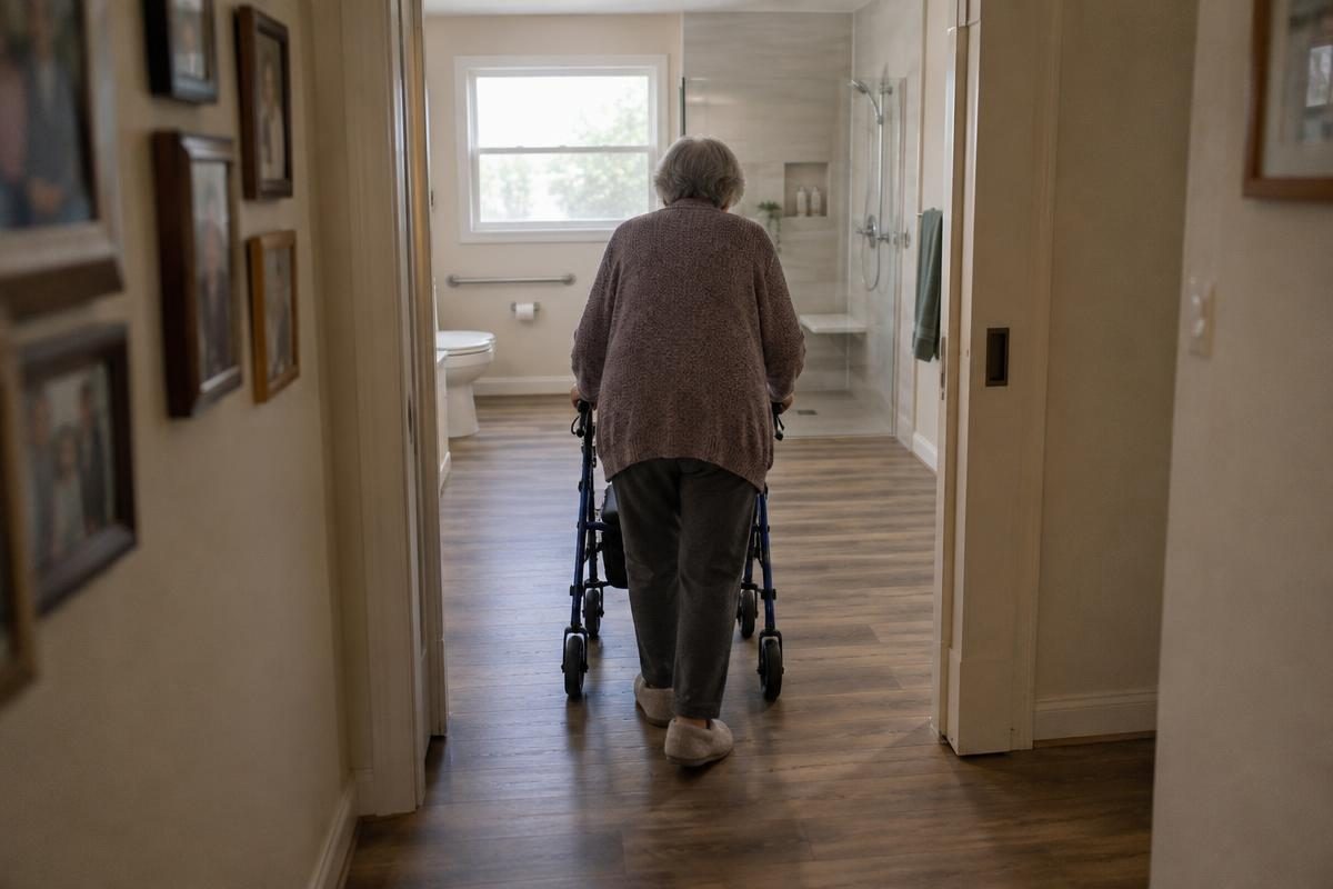 Person with a rollator walker entering a bathroom through a wide doorway with no threshold