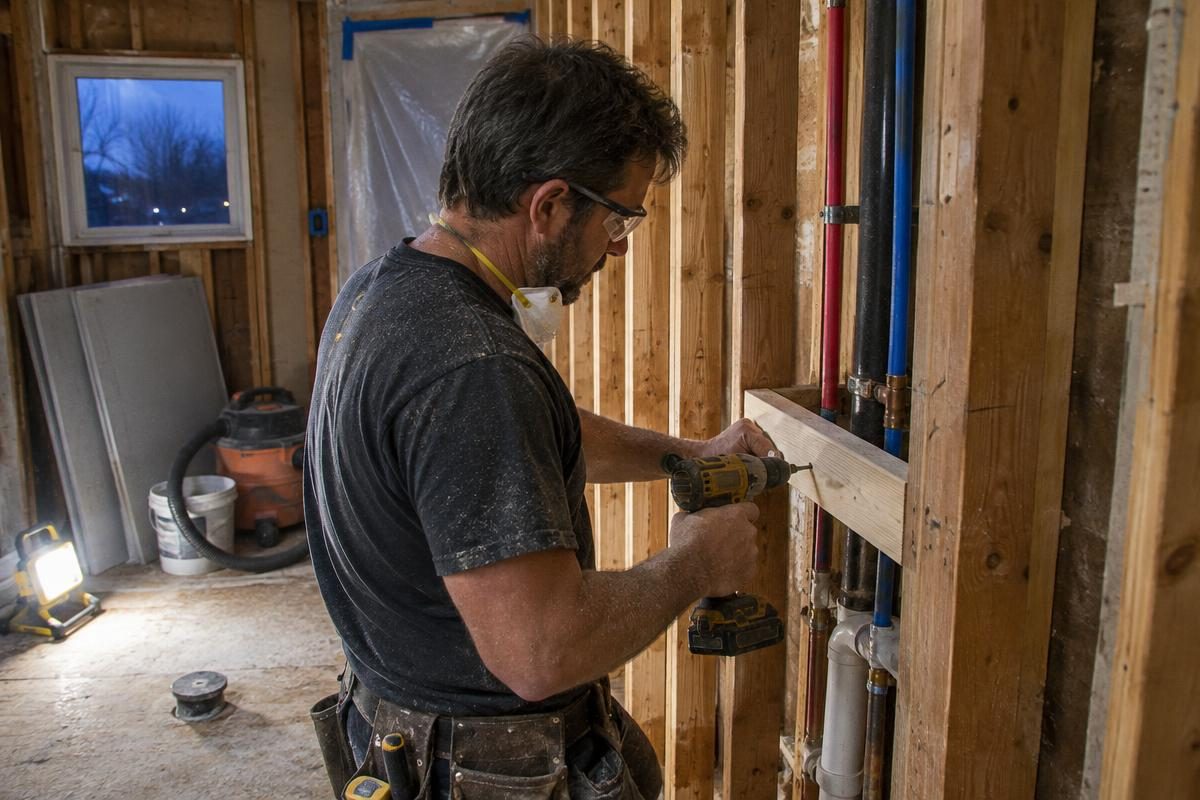 Contractor installing wood blocking between bathroom wall studs for future grab bars