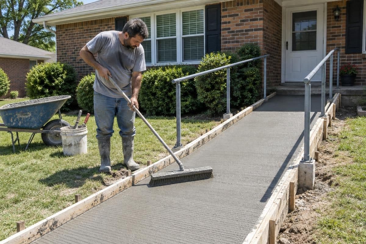 Worker giving a new concrete wheelchair ramp a non-slip broom finish beside steel handrails