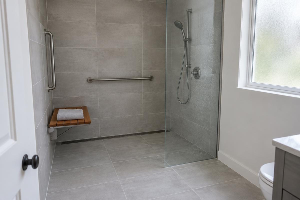 Handicap shower remodel with a curbless entry, linear drain, fold-down bench, and grab bars