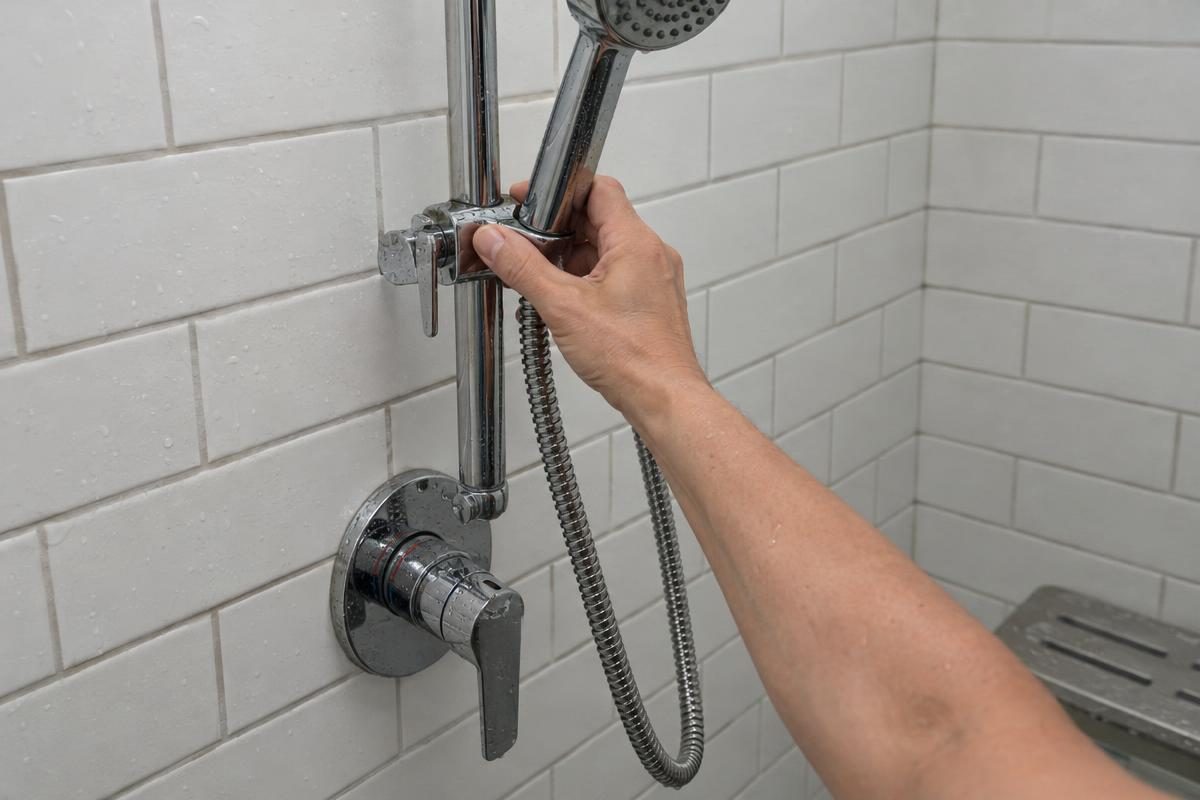 Hand lowering a handheld shower head on an adjustable slide bar in a tiled shower