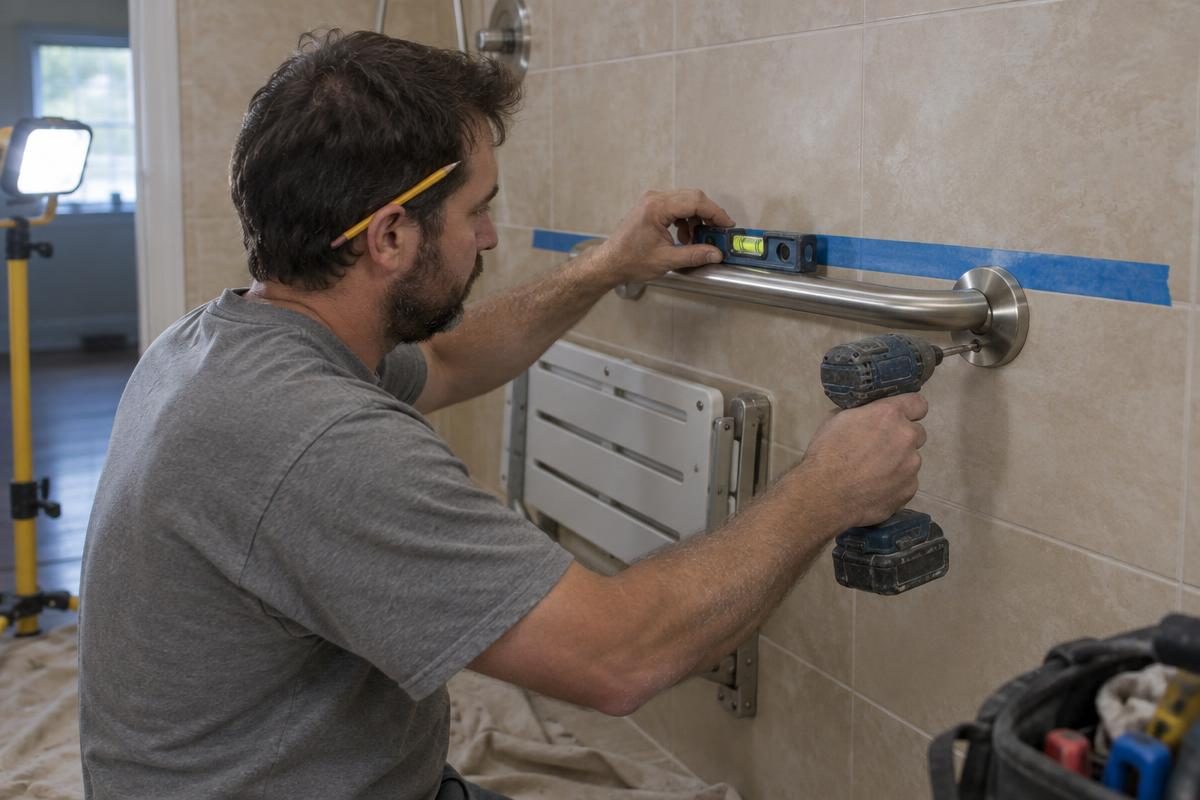 Installer leveling a stainless steel grab bar on a tiled shower wall