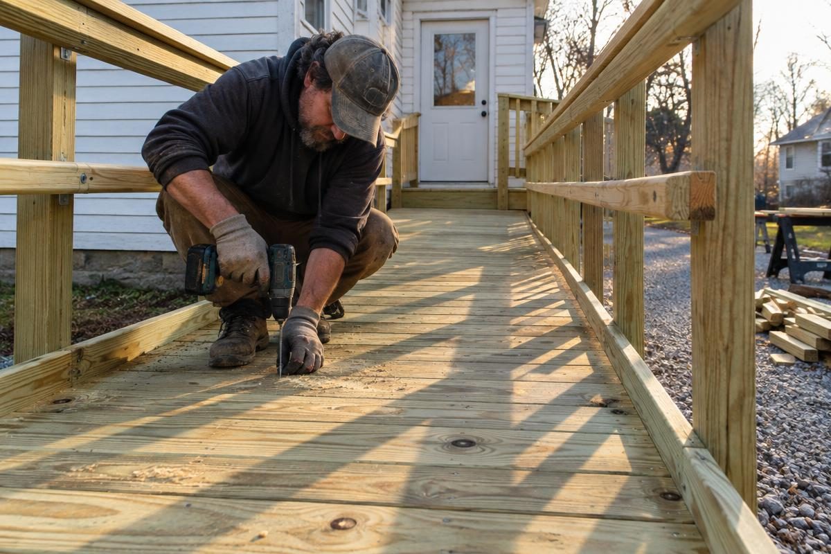 Carpenter fastening deck boards on a pressure-treated wood wheelchair ramp with handrails