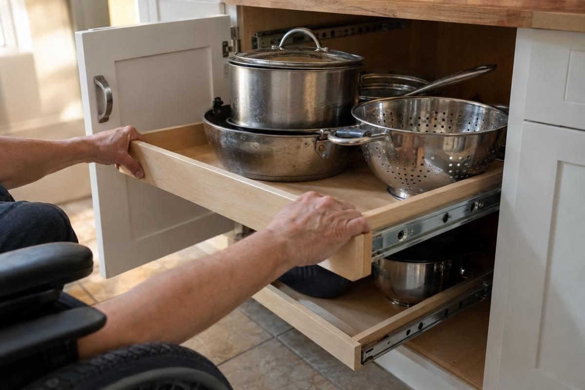 Hands sliding a pull-out shelf of pots from a lower cabinet in an accessible kitchen