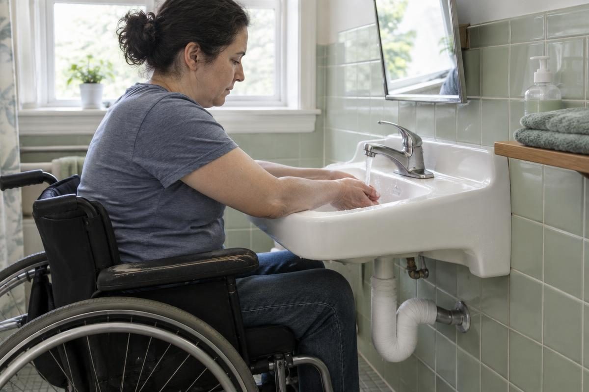 Wheelchair user washing hands at a wall-hung bathroom sink with open knee space and a lever faucet