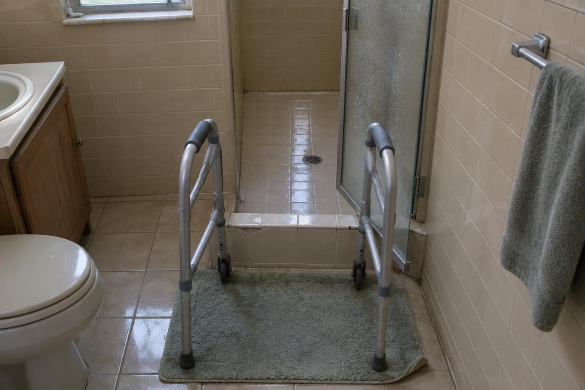 Walker blocked by a raised shower curb in a small bathroom with no grab bars