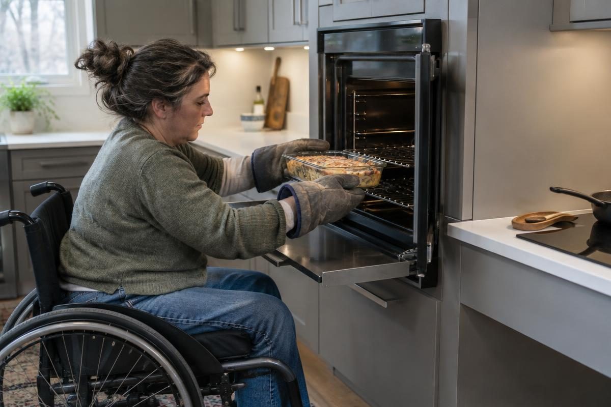 Wheelchair user lifting a dish from a side-opening wall oven mounted at seated height