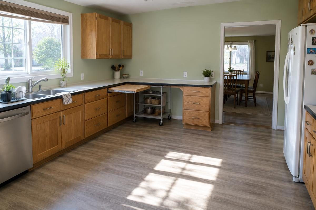 Universal design layout for handicap kitchen remodeling with counters at two heights, a rolling cart, and a wide clear aisle