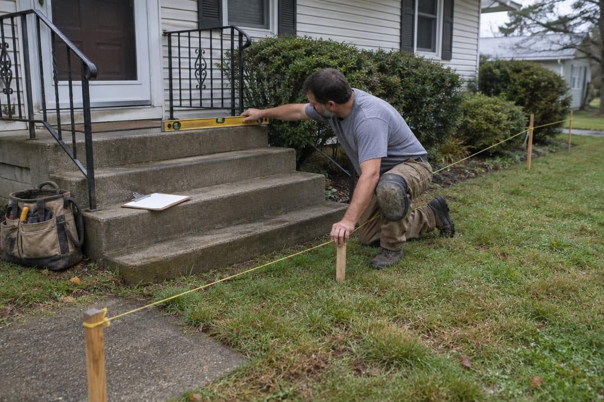 Installer checking entry step height with a level before a wheelchair ramp installation